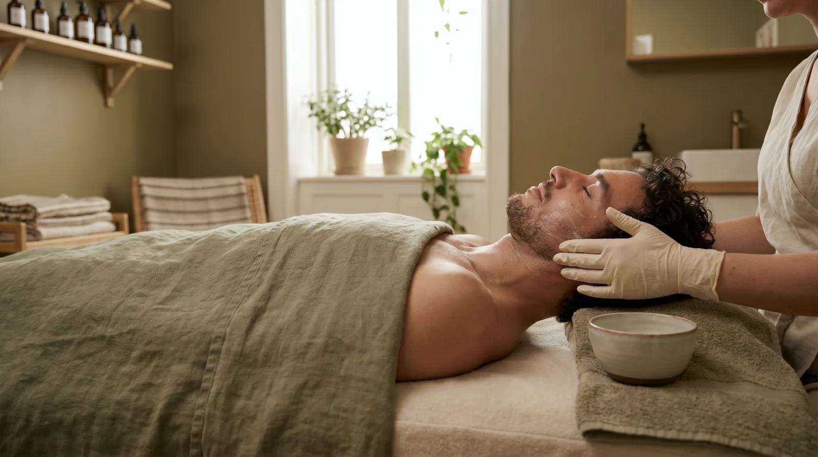 Homem recebendo tratamento facial na Midori Estética
